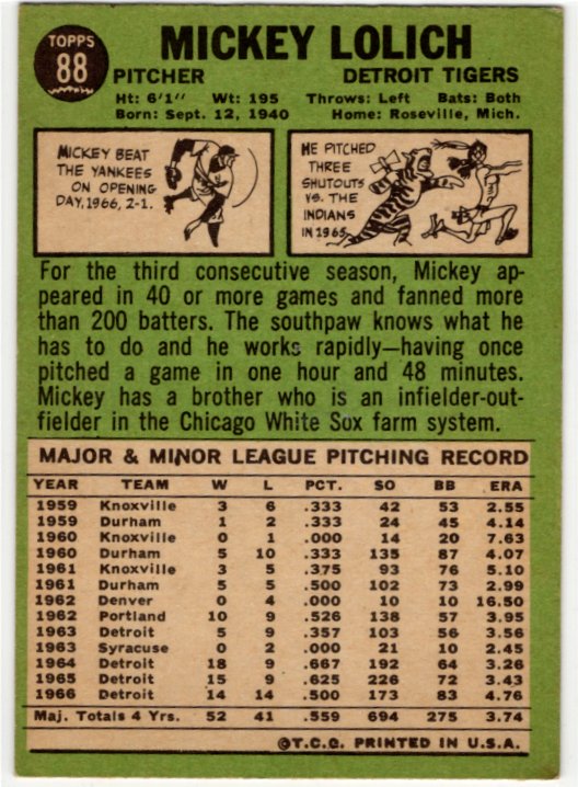 Mickey Lolich Topps Card 1967 #88 Detroit Tigers
