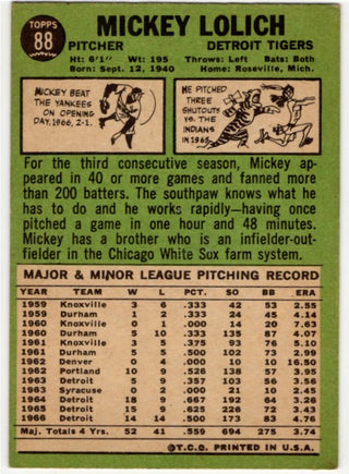 Mickey Lolich Topps Card 1967 #88 Detroit Tigers