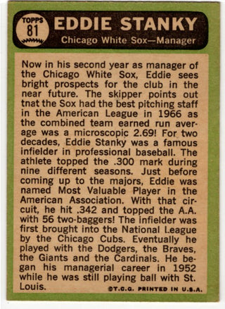 Eddie Stanky Topps Card 1967 #81 White Sox