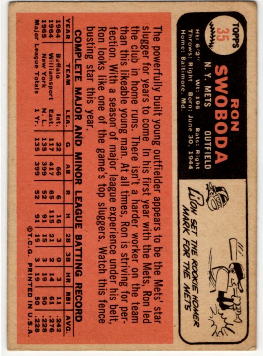 Ron Swoboda Topps Card 1966 #35 NYC Mets