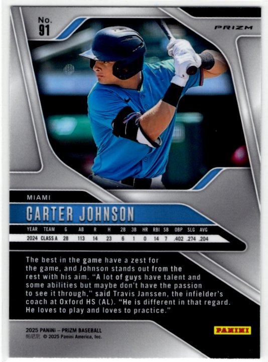 Carter Johnson 2025 Panini Silver Prizm Card #91