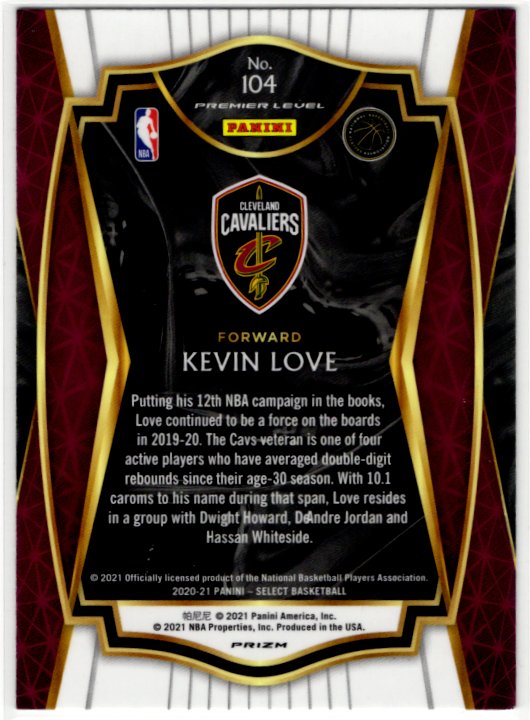 Kevin Love 2020-21 Select Blue Prizm Premier Level Card #104