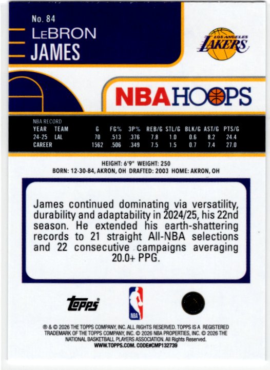 LeBron James 2025-26 Topps NBA Hoops #84