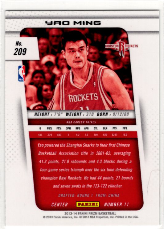 Yao Ming 2013-14 Panini Silver Prizm Card #209