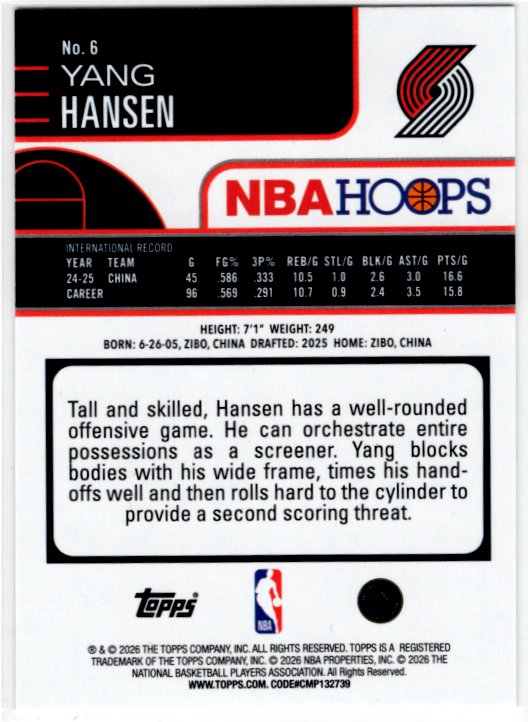 Yang Hansen 2025-26 Topps Hoops NBA Hoops Card #6