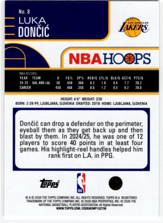 Luka Doncic 2025-26 Topps Hoops NBA Hoops Card #8