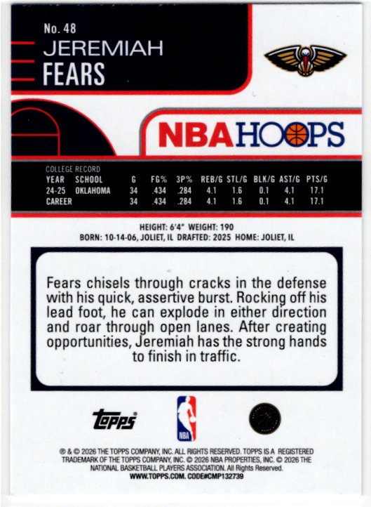 Jeremiah Fears 2025-26 Topps Hoops NBA Hoops Card #48