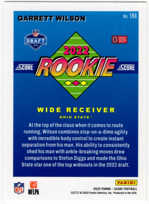 Garrett Wilson 2022 Panini Score #TB8 RC Card