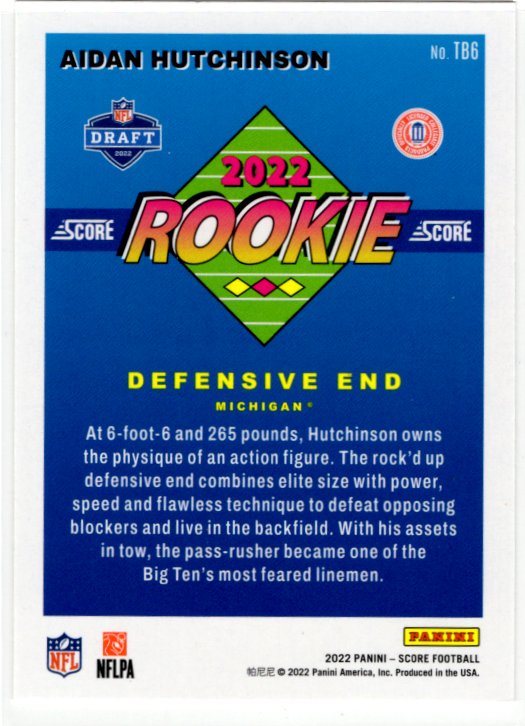 Aidan Hutchinson 2022 Panini Score #TB6 RC Card