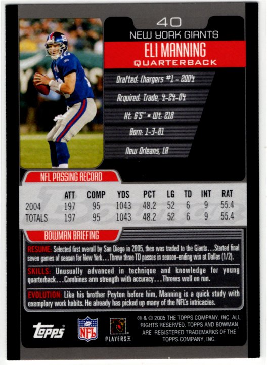 Eli Manning 2005 Topps Bowman #40 Card