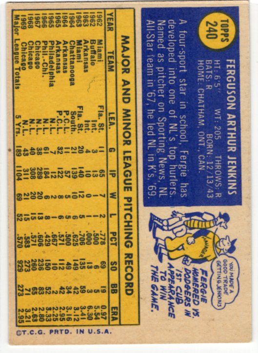 Fergie Jenkins 1970 Topps #240 Card