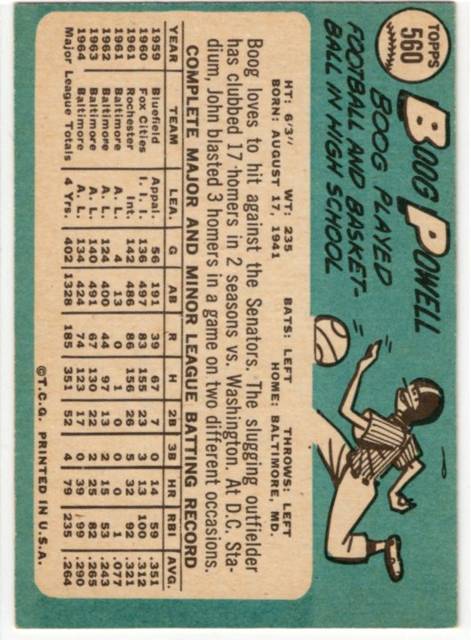 Boog Powell 1965 Topps #560 Card Miss cut