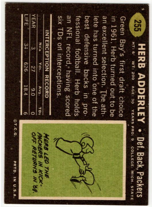 Herb Adderley 1969 Topps #255 Card