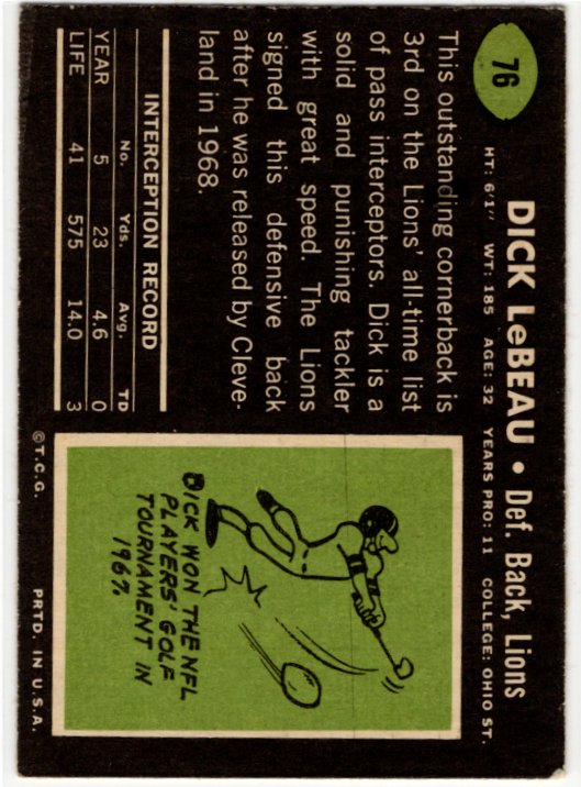 Dick LeBeau 1969 Topps Card #76