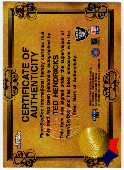 Ted Hendricks 1999 Fleer Greats Of The Game Autographed Card