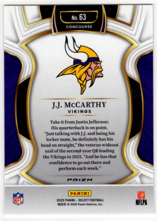 J.J. McCarthy 2025 Panini Select Concourse Silver Prizm #63 Card
