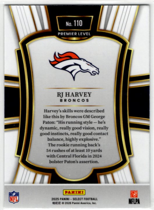 RJ Harvey 2025 Panini Select Premier Level Prizm RC #110 Card