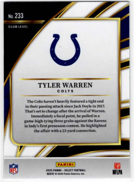 Tyler Warren 2025 Panini Select Club Level RC #233 Card