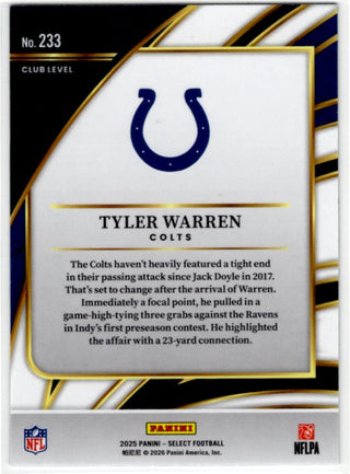 Tyler Warren 2025 Panini Select Club Level RC #233 Card