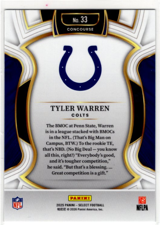 Tyler Warren 2025 Panini Select Concourse Level RC #33 Card