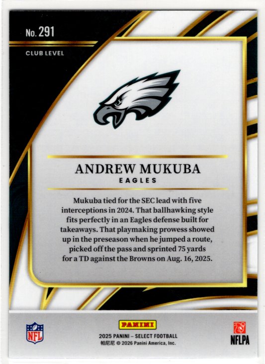 Andrew Mukuba 2025 Panini Select Club Level RC Card #291