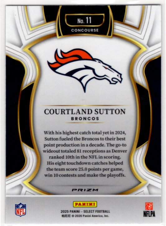 Courtland Sutton 2025 Panini Select Concourse Silver Prizm Card #11