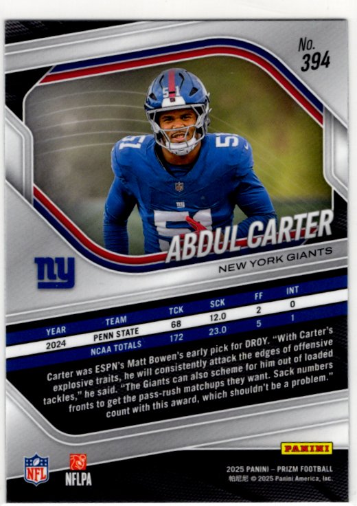 Abdul Carter 2025 Panini Prizm RC Card #394