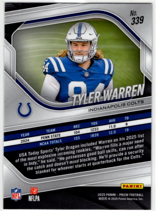 Tyler Warren 2025 Panini Prizm RC Card #339