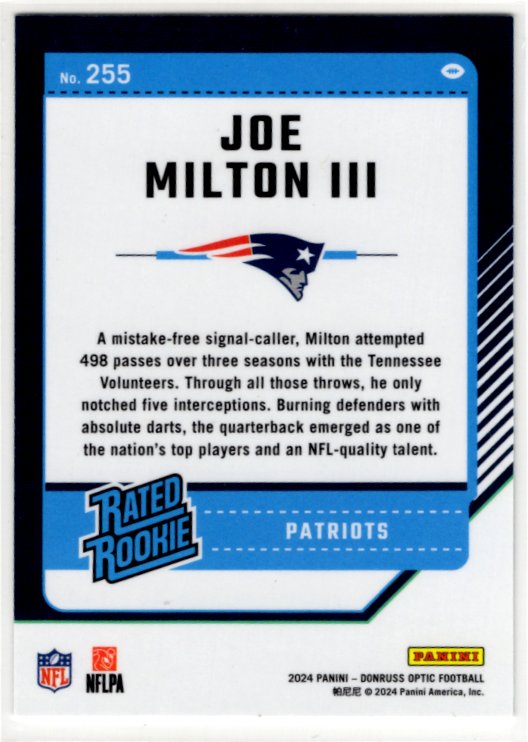 Joe Milton III 2024 Panini Rated Rookie Donruss Optic Card #255
