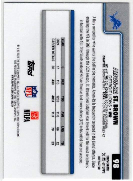 Amon Ra ST. Brown 2025 Topps Chrome Refractor Card #98