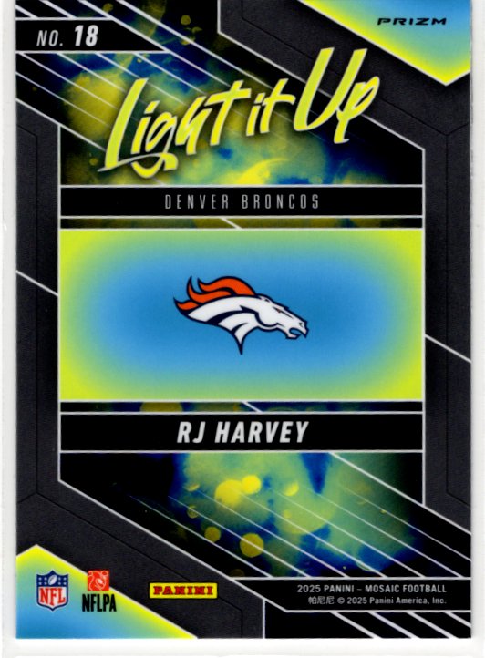 RJ Harvey 2025 Panini Mosaic Light it Up Prizm RC Card #18