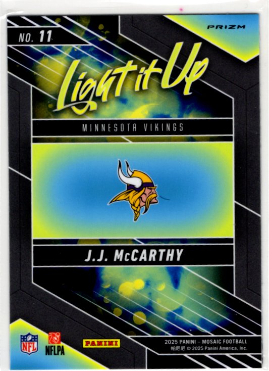 J.J. McMarthy 2025 Panini Mosaic Light it Up Prizm Card #11