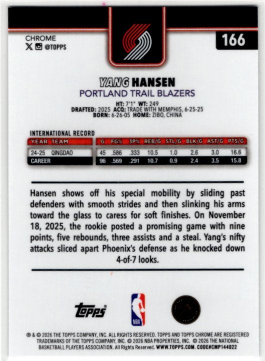 Yang Hansen 2025/26 Topps Chrome RC Update Card #166
