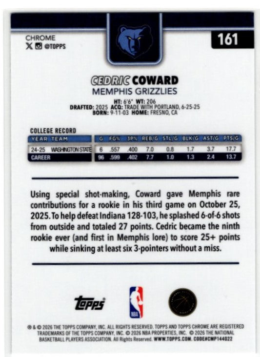 Cedric Coward 2025/26 Topps Chrome RC Update Card #161