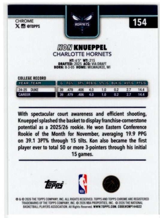 Kon Knueppel 2025/26 Topps Chrome Update RC Card #154