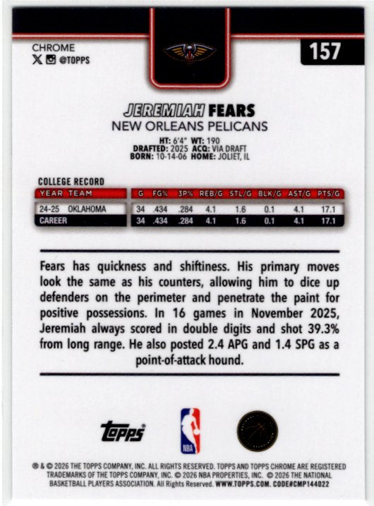 Jeremiah Fears 2025/26 Topps Chrome RC Card Update #157