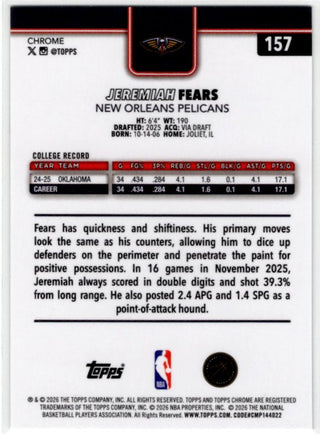 Jeremiah Fears 2025/26 Topps Chrome RC Card Update #157