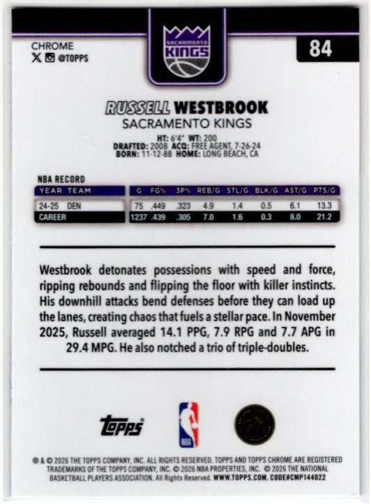 Russell Westbrook 2025/26 Topps Chrome Red White & Blue Update Card #84