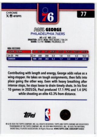 Paul George 2025/26 Topps Chrome Red White & Blue Update Card #77