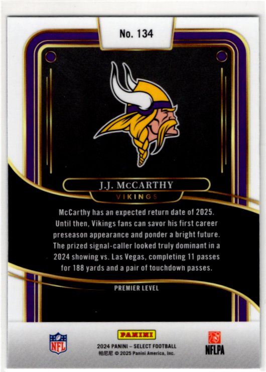 J.J. McCarthy 2024 Panini Select Premier Level RC Card #134