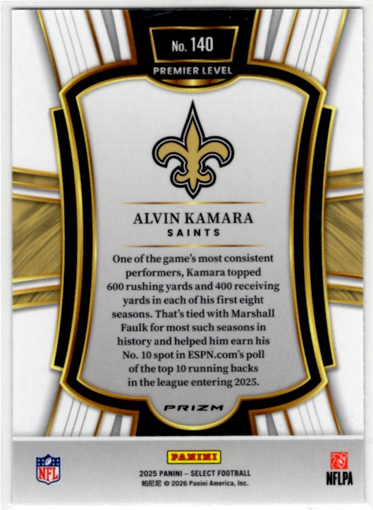 Alvin Kamara 2025 Panini Select Premier Level Pink Shock Prizm Card #140