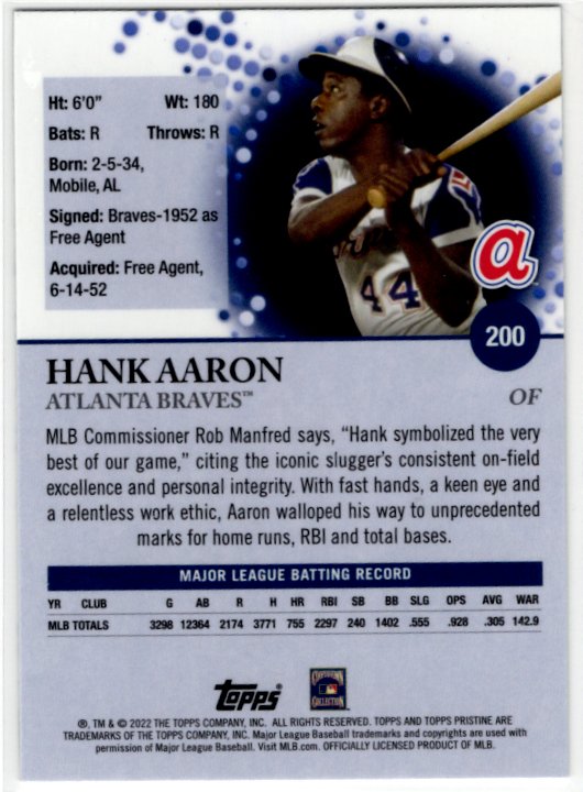 Hank Aaron 2022 Topps Pristine Card #200