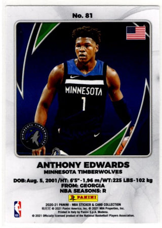 Anthony Edwards 2020-21 Panini NBA Sticker & Card RC #81