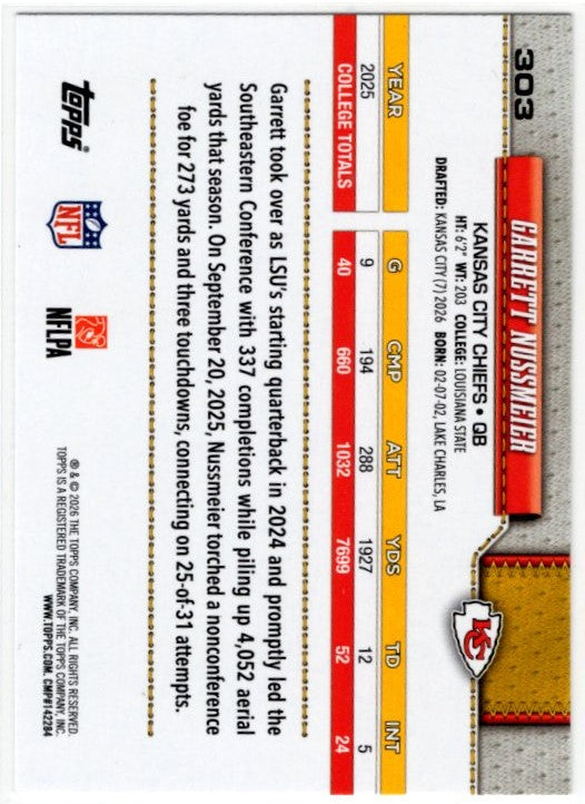 Garrett Nussmeier 2026 Topps Flagship RC Card #303