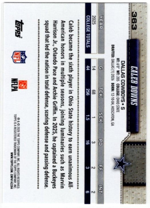 Caleb Downs 2026 Topps Flagship RC Card #363
