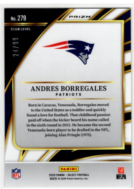 Andres Borregales 2025 Panini Select Club Level Prizm Blue RC Card #279 24/99