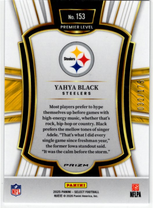 Yahya Black 2025 Panini Select Premier Level Checker Prizm Blue Card #153 032/175