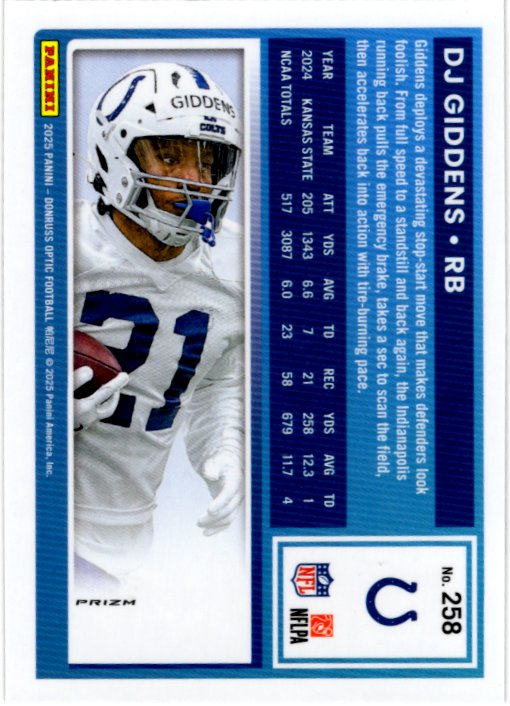 DJ Giddens 2025 Panini Donruss Optic Rated Rookie Card #258