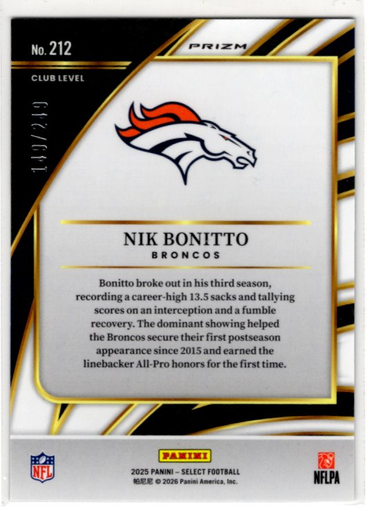 Nik Bonitto 2025 Panini Select Club Level Tri-Color Prizm Card #212 149/249