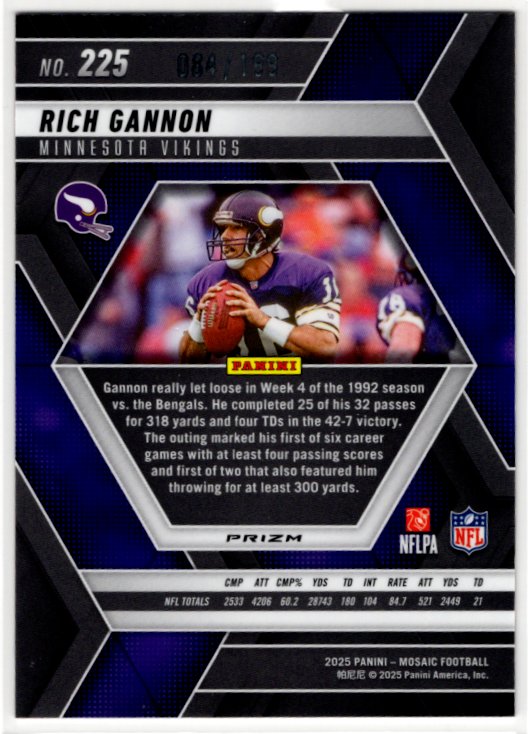 Rich Gannon 2025 Panini Mosaic Orange Prizm Card #225 084/199